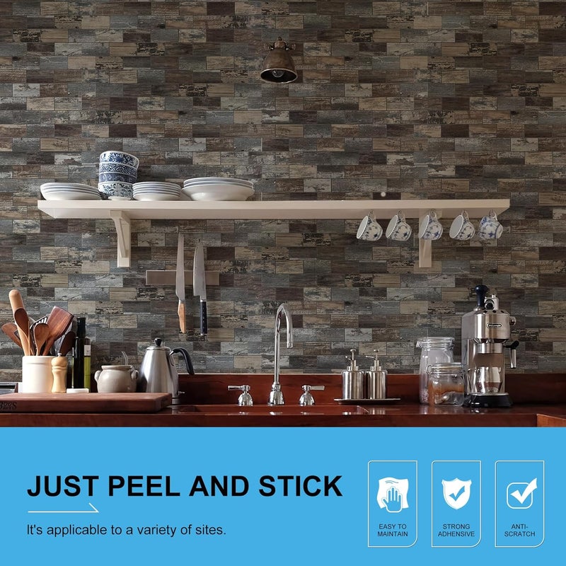 V-MOZZA Peel and Stick Backsplash, 20-Sheet Peel and Stick Wall Tiles 13.5" x 5.8" PVC Subway Tile Stick on Backsplash for Kitchen Fireplace (Old Wood Wood Grain) - Image 2